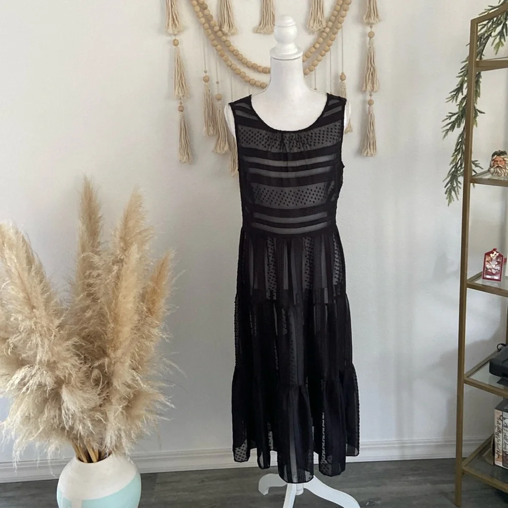 J Crew black sheer midi dress sleeveless Swiss dot ruffle tier party medium